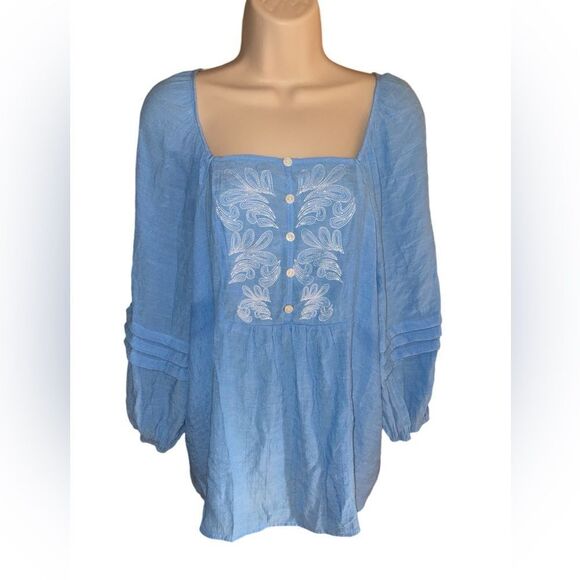 Cato blue Floral Embroidery square Neck Lantern Sleeve Blouse - Picture 2 of 6